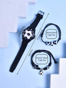 3件套男士礼品，2026新款足球运动手表，柔软硅胶表带石英腕表，可调节编织绳手链 - 黑色 - 查看 4