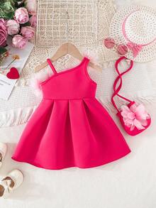 Young Girl Birthday Party Celebration Outfit, Princess Dress With 3D Embroidery Decor And Stylish Crossbody Bag - Hot Pink - View 2