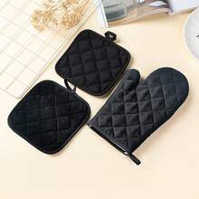 一套加厚耐热厨房烤箱手套 - 防滑手柄，可机洗，编织涤纶手套，适用于烹饪和烘焙 - 防滑手套 - 黑色 - 查看 10