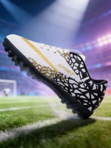 All-Season Sports Competition Football Shoes, For Teenagers And Students, Football Training Shoes, Football Match Shoes, Soft Spikes, Comfortable (Shoelaces In Black & White, Asymmetrical Camouflage Pattern On Uppers) - White - View 2