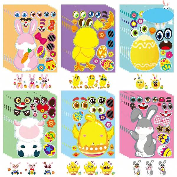 6/12/24pcs Kids DIY Easter Stickers, Make Your Own Easter Stickers Suitable For Boys And Girls, Easter Eggs Rabbits Chicks Farm Animals Sheep Face Stickers Suitable For Home, School, Classroom, Party, Gifts, Easter Basket Fillers, Party Decorations, Gift Bag Fillers