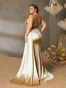 大码撞色亮片吊带长款派对礼服，适合女性 | 腰部有塑形设计，适合新年、情人节、正式派对、盛大晚宴、婚礼和优雅庆典等场合 - 黃色 - 查看 2