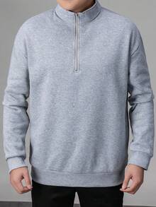 男士半拉链领长袖纯色卫衣 - 淺灰色 - 查看 3