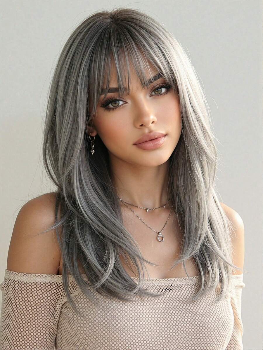 18-Inch Elegant Grey Long Curly Wig With Highlights And Bangs - Dark Roots To Light Tips Synthetic Hair Wigs For Women Daily Party Holiday Travel - 灰色 - 查看 1