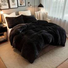 [Halloween Christmas Gift&Decor]3-Piece Soft Fluffy Plush Comforter Set (1 Duvet Cover + 2 Pillowcases W/O Pillow Shams) Soft And Warm Bedding, Machine Washable (Black Queen & King), Perfect For Bedrooms And Guest Rooms - màu đen - Xem 4