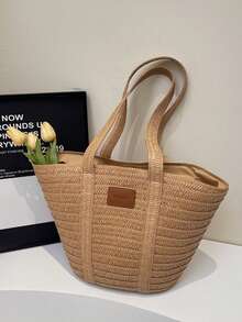 新款时尚草编水桶包，大容量编织单肩手提包，休闲度假手提包 - 卡其色 - 查看 7