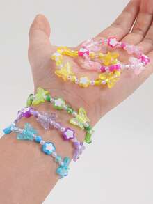 5pcs/Set Colorful Butterfly Beaded Bracelet For Girls, Acrylic Material - Multicolor - View 3