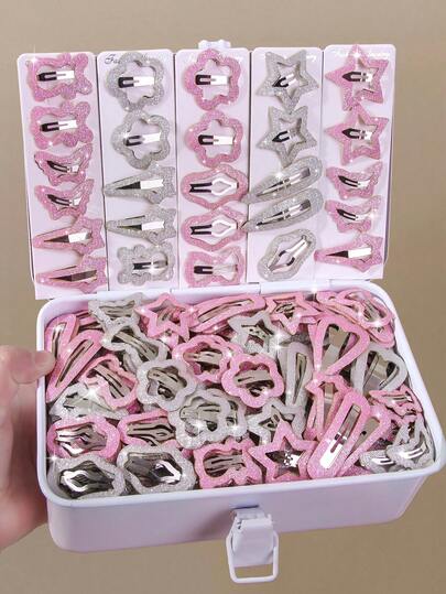 20个/包 女孩粉色和银色亮片星星、水滴、爱心、花朵、小熊、流星发夹饰品，适合日常使用