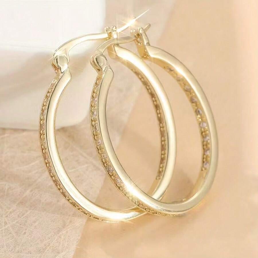1pair Elegant Sparkling Large Hoop Earrings For Women KC Golden Plated Zinc Alloy, Boho Chic Style, Versatile Daily Wear & Holiday Parties, Durable Jewelry - Gold - View 1