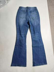 时尚女士牛仔破洞喇叭裤，长款带口袋、拉链和微弹面料，适合休闲穿着 - 藍色 - 查看 5