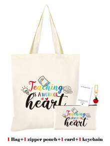 10/5/4/2pcs/1pc/Set Teacher Themed Canvas Tote Bag, Shopping Bag, Zipper Pouch, Appreciation Card, Apple Keychain Canvas Gift Set, Suitable For Back To School, Graduation, Teacher's Day, Multi-Purpose Shopping Bag, Book Bag, Stationery Pouch Set, Portable For SPA, Party, Gym, Travel, Cosmetic Organizer - Beige - View 62