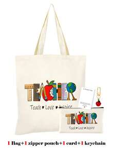 10/5/4/2pcs/1pc/Set Teacher Themed Canvas Tote Bag, Shopping Bag, Zipper Pouch, Appreciation Card, Apple Keychain Canvas Gift Set, Suitable For Back To School, Graduation, Teacher's Day, Multi-Purpose Shopping Bag, Book Bag, Stationery Pouch Set, Portable For SPA, Party, Gym, Travel, Cosmetic Organizer - Beige - View 63