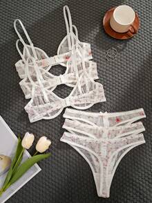 3件套女士纯色及花卉印花蝴蝶结装饰钢圈软杯舒适文胸套装 - 白色 - 查看 2