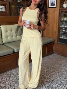 GAOVOT 2件套女士休闲性感黄色吊带背心和宽松直筒阔腿裤套装，夏季 - 黃色 - 查看 1