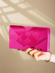 Tas Clutch Malam Berhiaskan Satin Modis, Tas Selempang Model Amplop - Hot Pink - View 3