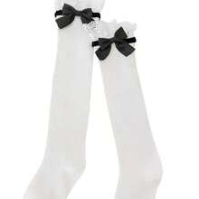 1 Style Pure Desire Versatile Japanese Cotton Calf Socks Lace Trim Bow Mid-Calf Socks JK Lolita Daily Mary Jane Socks - 黑色 - 查看 5