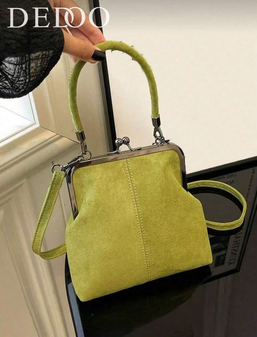 2025 Autumn And Winter New Fashion Retro Suede Material Handbag, Detachable Women's Shoulder Bag, With Button Closure Wallet. Simple Green Crossbody Bag - 綠色 - 查看 1