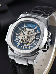 LONGLUX 1pc Men's Hollow Automatic Mechanical Waterproof Fashion Leather Band Watch - Black - View 4