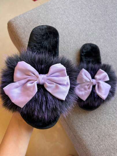 Zapatillas planas de satén morado con lazo, de pelo morado ombre esponjoso, zapatos antideslizantes para el Día de San Valentín, para el hogar
