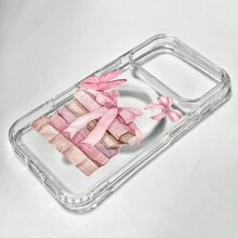 1pc Cartoon Butterfly Soft Edge Transparent Magnetic Phone Case, Pink Bow Anti-Oxidation Non-Yellowing Phone Case Compatible With IPhone 7/8/XR/11/12Pro/13Mini/14Plus/15/16/17Pro Max And Galaxy A05S/15/A16/A25/A26/A36/A54/A56, S21FE/S22Plus/S23Ultra/S24/S25Plus/S26Ultra - Clear - View 5