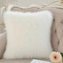 1 pieza Almohada de peluche de lujo de piel sintética - Funda esponjosa y realista con cierre de cremallera, lavable a máquina, cálida para invierno, decoración para cama, sofá y sillón (relleno no incluido) - Accesorio elegante - Blanco - Ver 6
