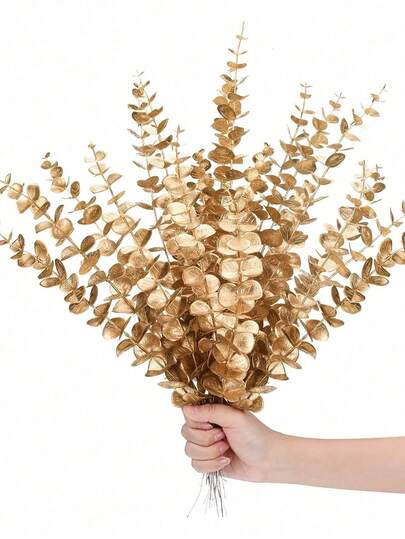50 Pieces Artificial Golden Eucalyptus Branches, Fake Eucalyptus Stems For Wedding Bouquets, Bohemian Home Decor, Valentine's Day, Gifts, Graduation Ceremony, Ramadan Decoration