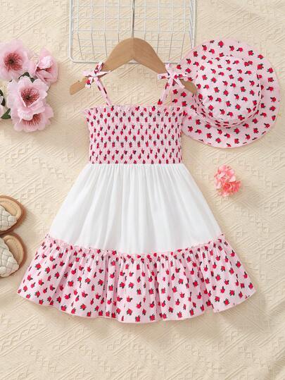  MommBaby Summer Baby Girls Bow Strap Dress Cute Sleeveless Red Floral Fashion Patchwork Sundress With Hat