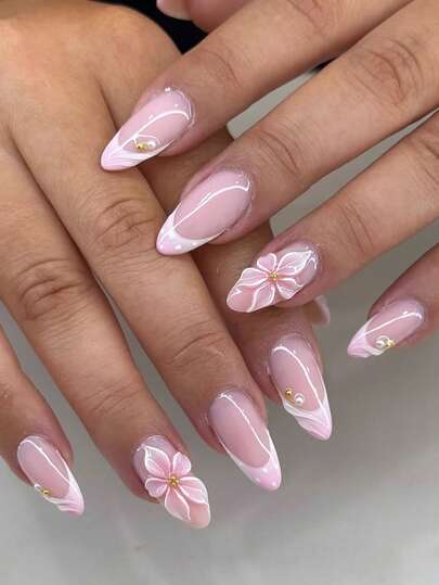 10 piezas de puntas de uñas acrílicas con forma de almendra francesa, tamaño mediano, diseño en relieve 3D de ola de agua, estilo minimalista elegante Y2K, superficie brillante, uñas postizas de cobertura completa, adecuadas para uso diario de mujeres y niñas