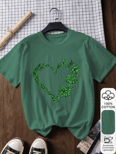 St. Patrick's Day Clover Heart Print 100% Cotton Short Sleeve T-Shirt For Women, Back To School Essential, Perfect For First Day Of School Outfit