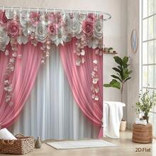 1Pc 2D Flat Elegant Floral Shower Curtain, With 12 Hooks, Soft Pink And White Roses With Flowing Drapes And Subtle Texture, Romantic And Feminine Aesthetic, Shower Curtain Bathroom Decor, Perfect For Window And Wall, Bathtub, Bathroom Home Decor - Kiểu 1 - Xem 3
