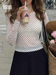 ROSIE POPHUB 白色波点薄纱衬衫 女款 长袖修身 春季情人节 - 杏色 - 查看 1