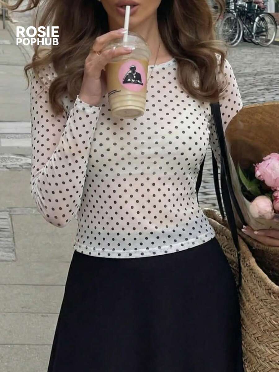 ROSIE POPHUB 白色波点薄纱衬衫 女款 长袖修身 春季情人节 - 杏色 - 查看 1