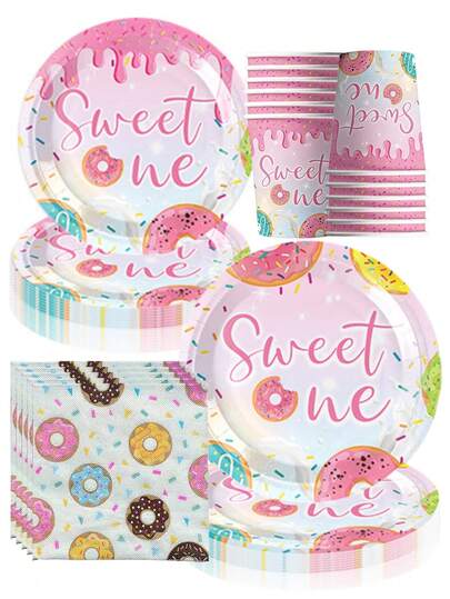 50pcs Pink Sweet Donut Party Set - Icing & Sprinkle Pattern Disposable Paper Plates, Cups, Napkins, Ideal For Girls 1st Birthday Celebration And Dessert-Themed Parties, Colorful Donut Decor And "Sweet One" Print Kids Party Supplies And Essentials