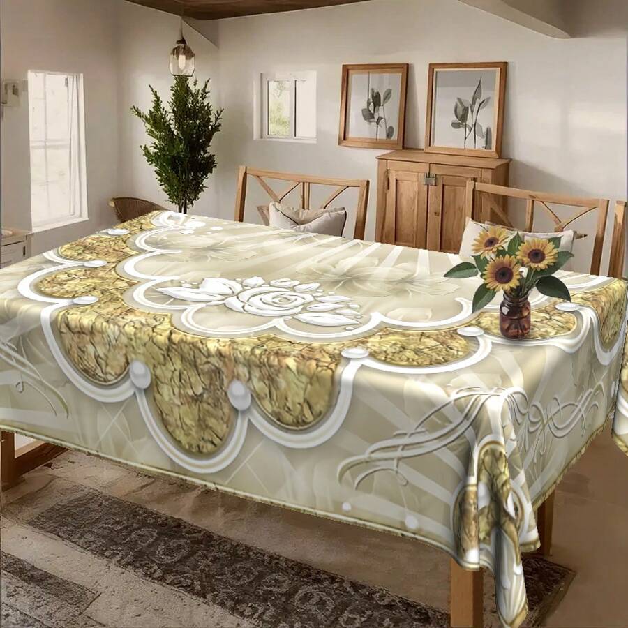 Luxury White Pearlescent Pearl Border Tablecloth With Elegant White Flower & Golden Pattern - Machine-Made Rectangular Table Cover Suitable, Dining Table, Party Decor - Easy-Clean Durable Table, Housewarming Gift, 2D Flat - Nhiều màu - Xem 1