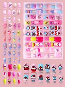 NAIO 120片装（5种款式）儿童小号按压式假指甲，亚克力材质，全覆盖，彩虹爱心可爱卡通亮面按压式假指甲套装，短款椭圆形假指甲套装，按压式美甲装饰礼品，附赠3卷胶带和3把指甲锉等美甲用品。 - 彩色 - 查看 20