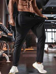 Men's Black Quick-Dry Casual Sports Pants, Drawstring Waist, Side Zipper Pockets, Adjustable Drawstring Waistband, Versatile For Daily Fitness & Casual Wear - Black - View 2