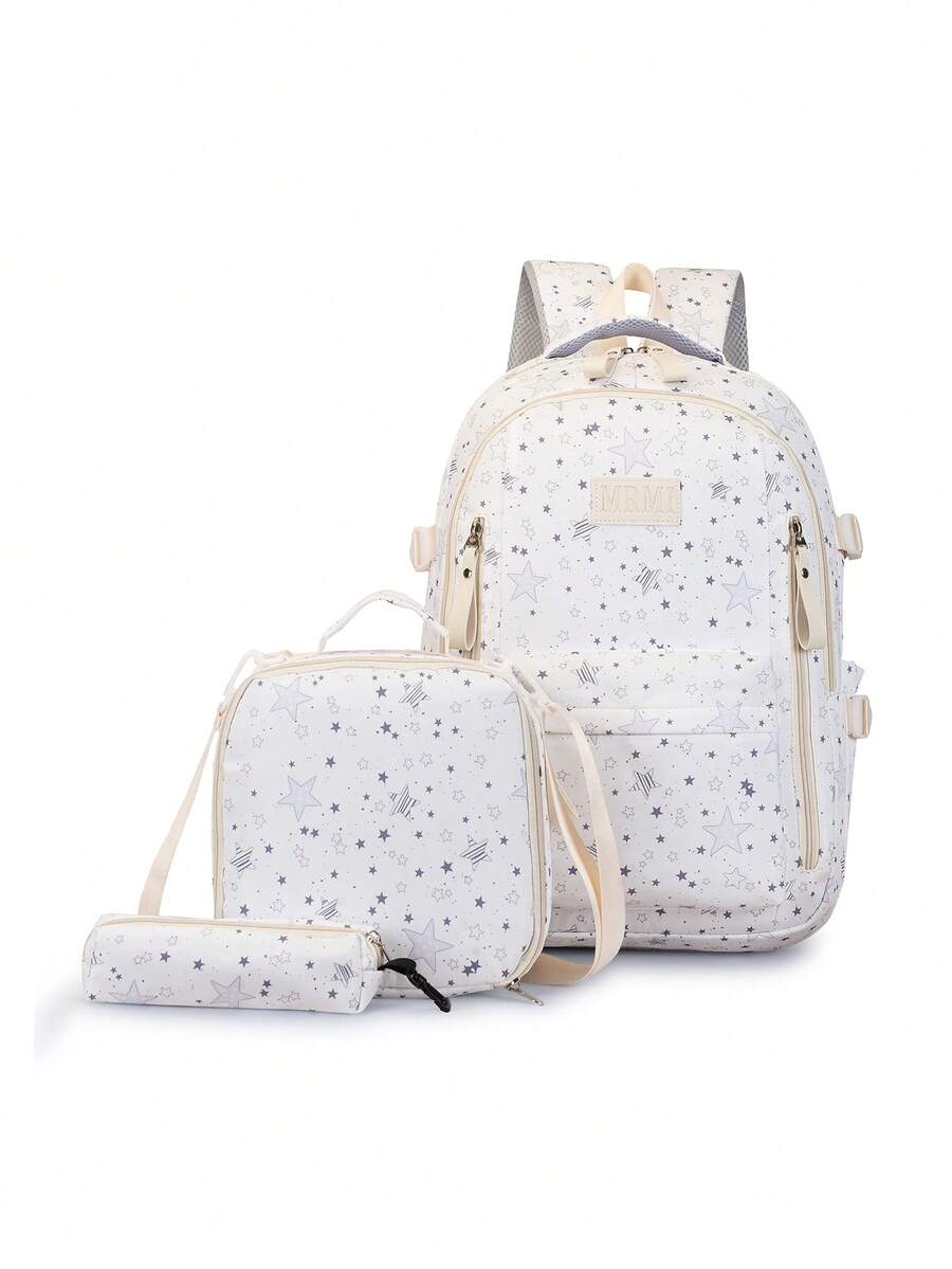 Women's Half-Shell Gauze Backpack Kit, Lightweight And High-Value, Simple, For Campus, Large Capacity, School Backpack, With Thermal Lunchbox. - White - View 1