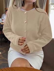 女士秋冬新款法式浪漫休闲百搭简约别致心形图案针织开衫 - 杏色 - 查看 7