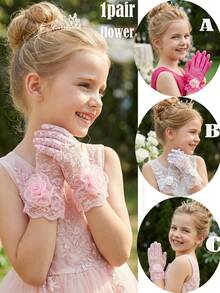 1 par de guantes de encaje floral para niñas de 4 a 12 años, guantes de encaje ultra suaves y elásticos, adecuados para bodas, concursos de belleza, niñas de las flores, actuaciones de baile y accesorios de fotos de princesa de cumpleaños - 1Pair - Ver 1