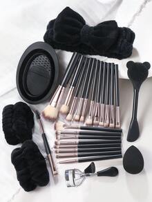 27件套化妆工具套装，包括：20支化妆刷套装+1个化妆海绵+1个化妆刷清洁工具+1个睫毛夹+1个发圈+2个手碗带+1个面膜刷 - 黑色 - 查看 13