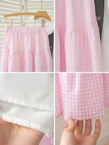 甜美女孩粉色格子高腰A字中长裙，夏季青春泡泡裙 - 粉色 - 查看 11