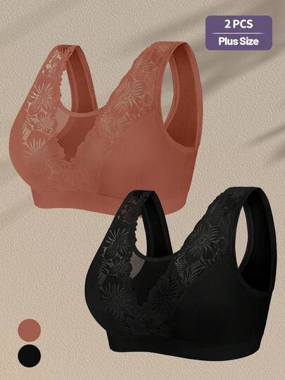 MEIYATING 2 piezas Sujetadores inalámbricos de talla grande para mujeres, sujetadores tipo camiseta con cobertura completa de encaje y malla, transpirables y cómodos