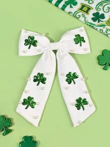 1pc St. Patrick's Day Shamrock Hair Bow For Girls Clover Printed Bow Alligator Clip Large Tail Hair Clip With Faux Pearl Decor Adorable Shamrock Barrettes Delicate St. Patrick's Day Hairpin Teens Hair Accessory ﻿ - Multicolor - View 13