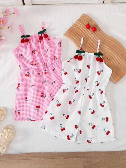 BASUSARRI 2pcs/Set Girls' Sleeveless Cherry Print Backless Romper & Shorts, Plaid Digital Print, Waisted, Cute & Versatile Summer Outfit