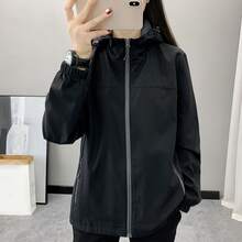 Women's Solid Color Long Sleeve Zipper Front Hooded Loose Soft Shell Jacket Black Spring - Black - View 14