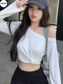 休閒甜美純真不對稱單肩上衣，短版百搭長袖T恤，適合女性，春/夏，小個子女性 - 白色 - 查看 3