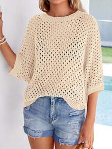 Women's Summer Crochet Top - Hollow-Out Batwing Sleeve Cover-Up, Cute Pullover Knitwear, Beach Vacation Outfit - 米色 - 查看 4