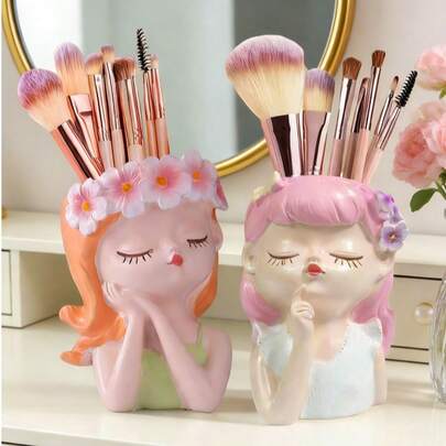 1pc 4.13inch Cute Nordic Style Girl Resin Cosmetic Storage Jar, High-Quality INS Style Makeup Brush Holder, Home Decor, Bedroom Vase, Holiday Gift, Birthday Gift, Party Supplies, Gift For Girlfriend