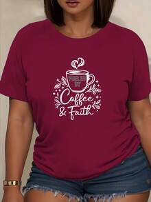 Camiseta casual de cuello redondo con estampado retro de café - Top cómodo de manga corta para mujeres - Ideal para atuendos casuales, fiestas, vacaciones y todas las temporadas - Lavable en máquina - carmesí - Ver 1
