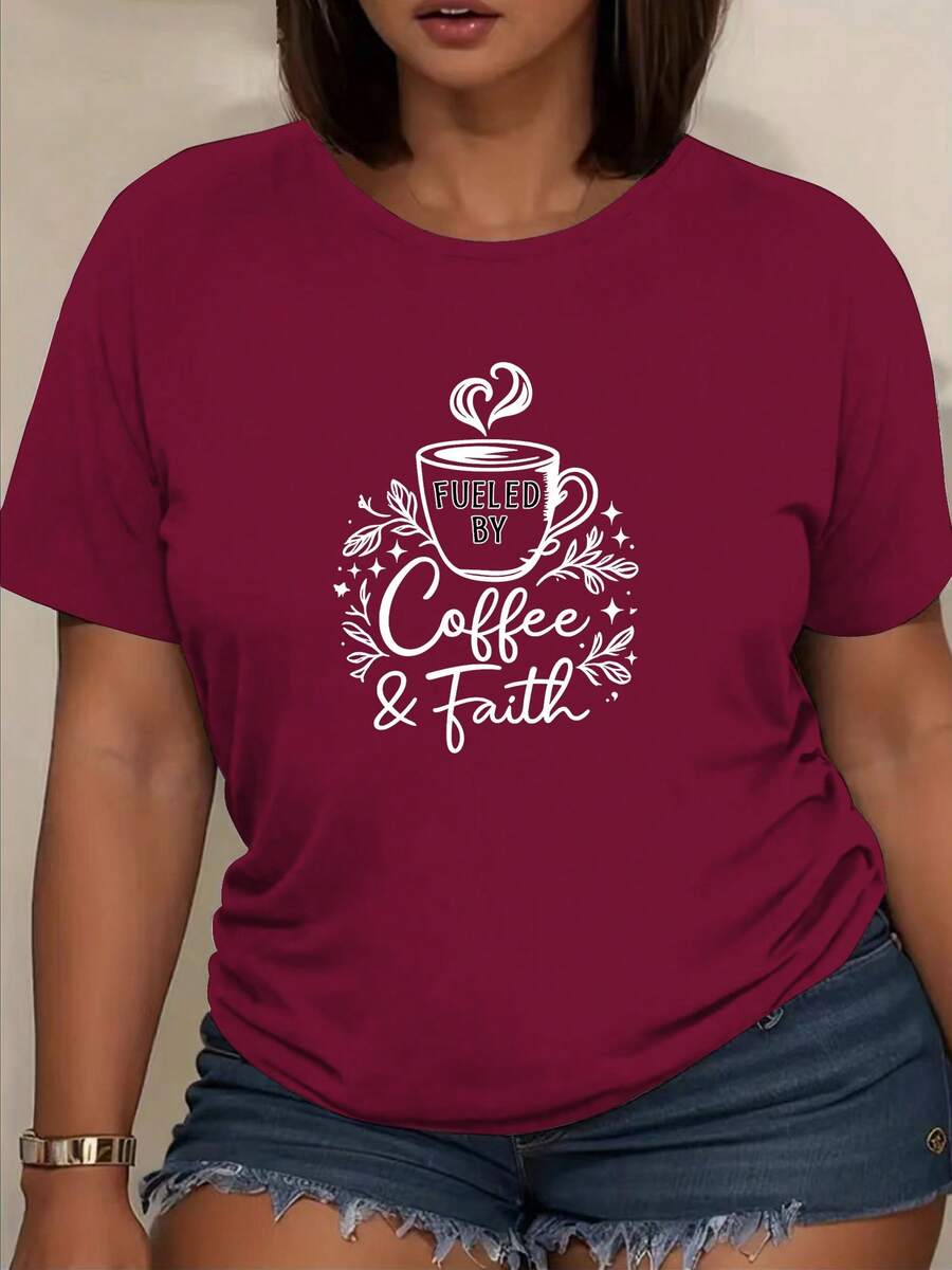 Camiseta casual de cuello redondo con estampado retro de café - Top cómodo de manga corta para mujeres - Ideal para atuendos casuales, fiestas, vacaciones y todas las temporadas - Lavable en máquina - carmesí - Ver 1